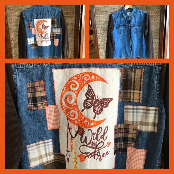 Upcycled Jean Shirt, Size M: Painted Wild Free Moon Graphic, Patchwork Jacket - Picture 13 of 13